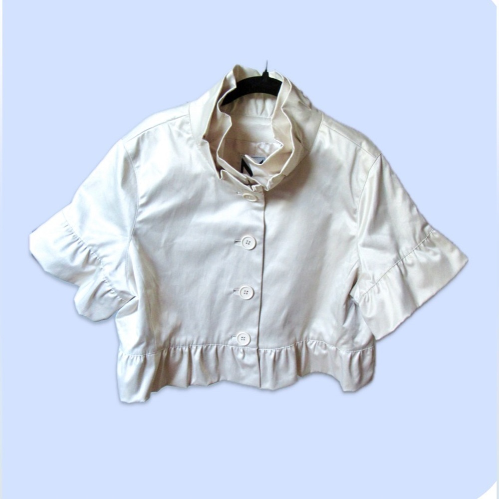 NWT Marc Bouwer Cotton Blend Beige Cropped Ruffled Trim Button Down Jacket L
